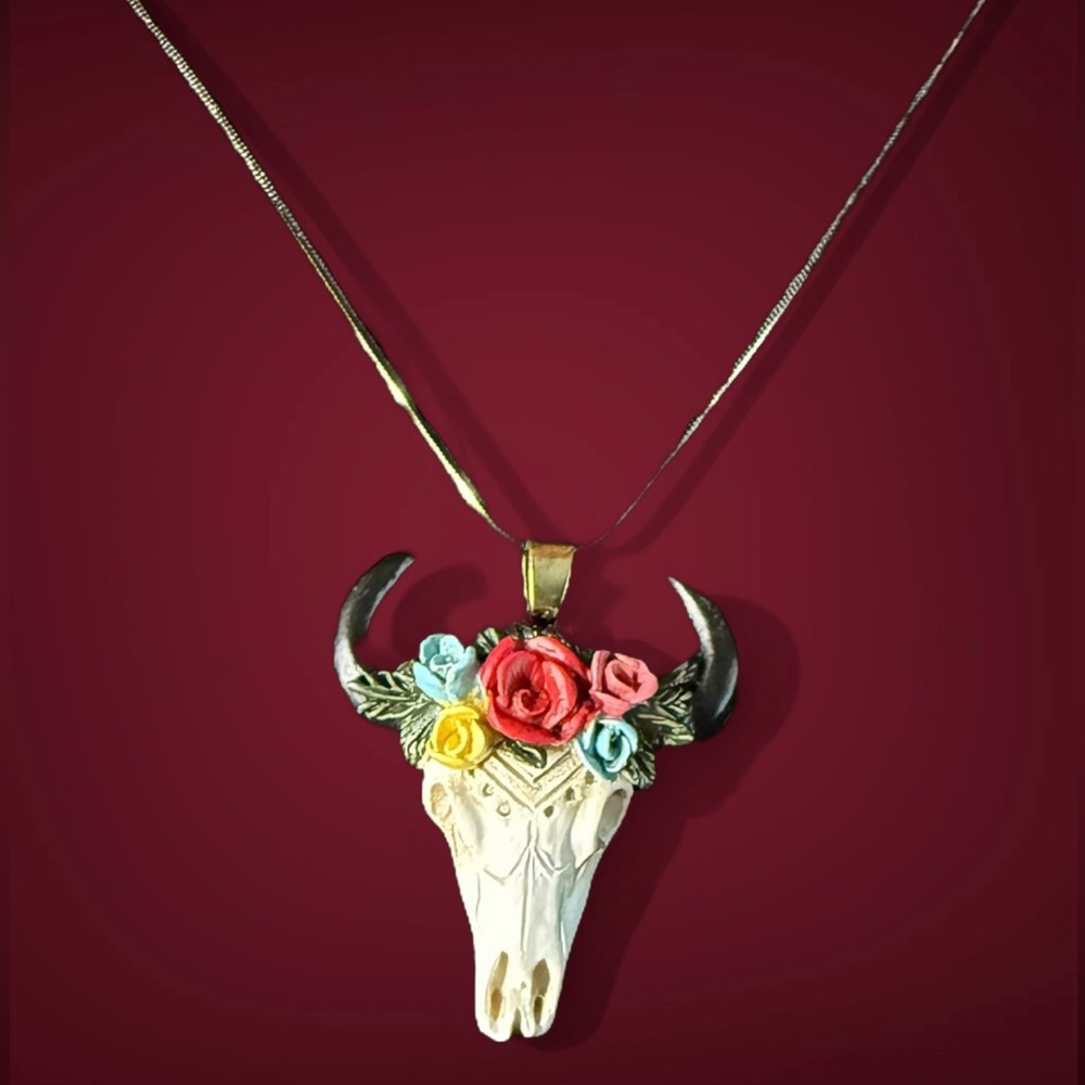 Western Floral Bull Skull Necklace 30in Chain